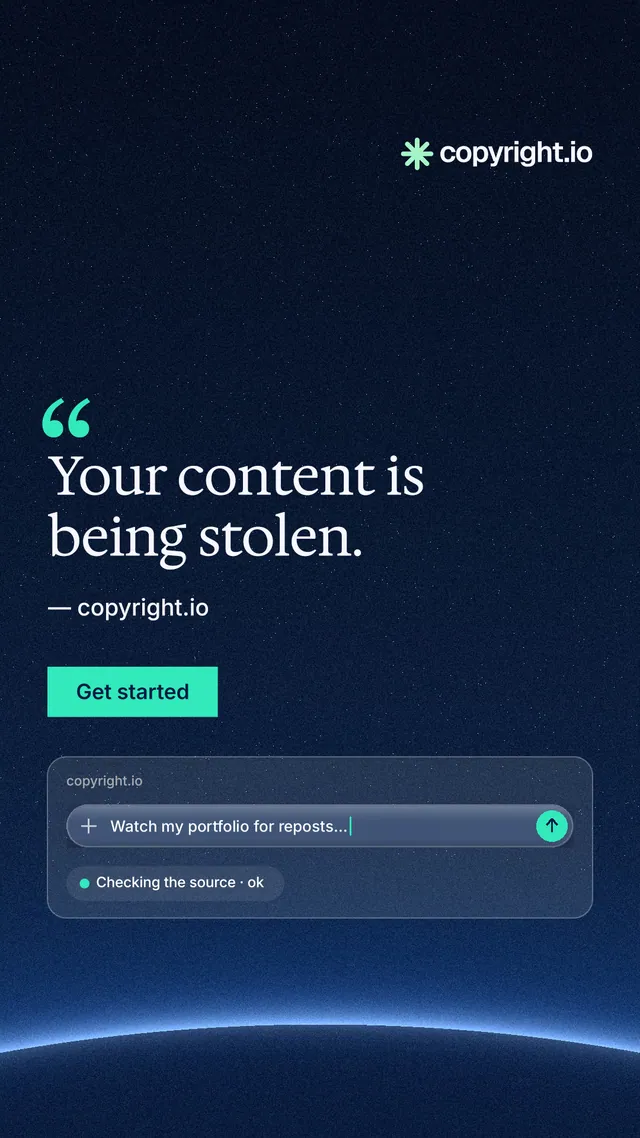 Instagram story for copyright.io: "Your content is being stolen." Swiss style, quote layout, dark palette in blue, black.