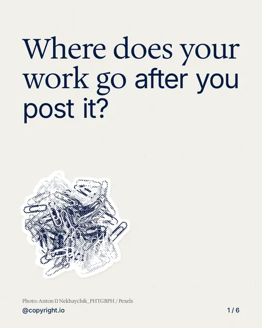 Carousel for copyright.io: "Where does your work go after you post it?". Cutout essay, 6 slides, light palette.