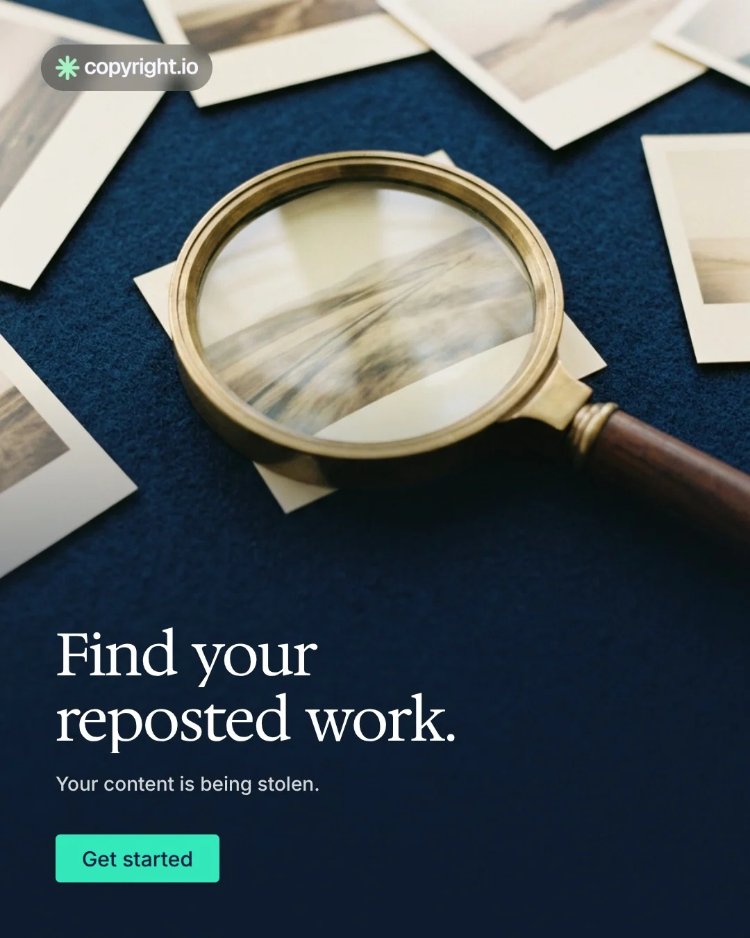 Video for copyright.io: "Find your reposted work.". Doc motion loop, 7.0 s, dark palette.