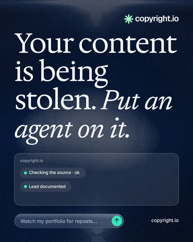 Instagram portrait post for copyright.io: "Your content is being stolen. Put an agent on it." Thermal style, poster layout, dark palette in black, blue, grey.