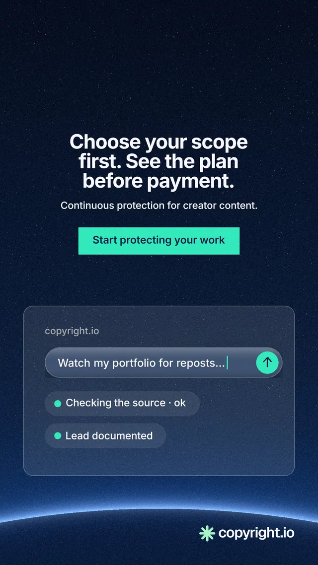 Instagram story for copyright.io: "Choose your scope first. See the plan before payment." Swiss style, centred layout, dark palette in blue, black.