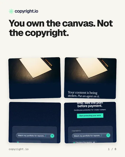 Carousel for copyright.io: "You own the canvas. Not the copyright.". Collection carousel, 8 slides, light palette.