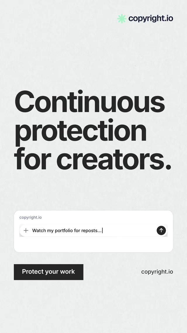 Instagram story for copyright.io: "Continuous protection for creators." Swiss style, poster layout, light palette in white, grey.