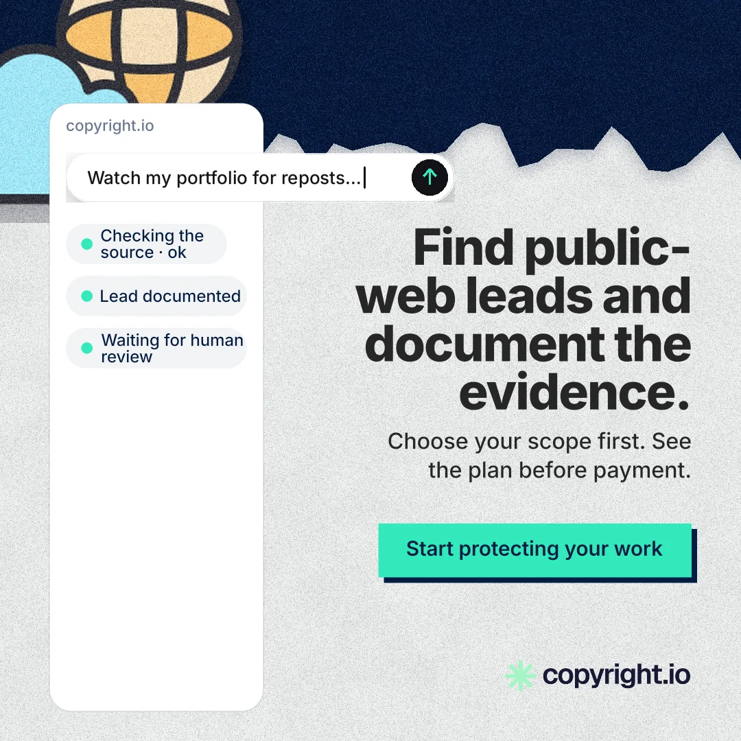 Instagram post for copyright.io: "Find public-web leads and document the evidence." Paper trio style, right layout, light palette in teal, blue, white.
