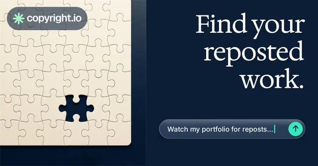 Social ad for copyright.io: "Find your reposted work." Agentic glass style, right layout, dark palette in blue, yellow, grey.