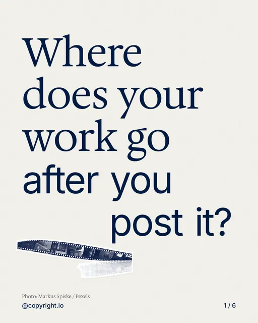 Carousel for copyright.io: "Where does your work go after you post it?". Cutout essay, 6 slides, light palette.