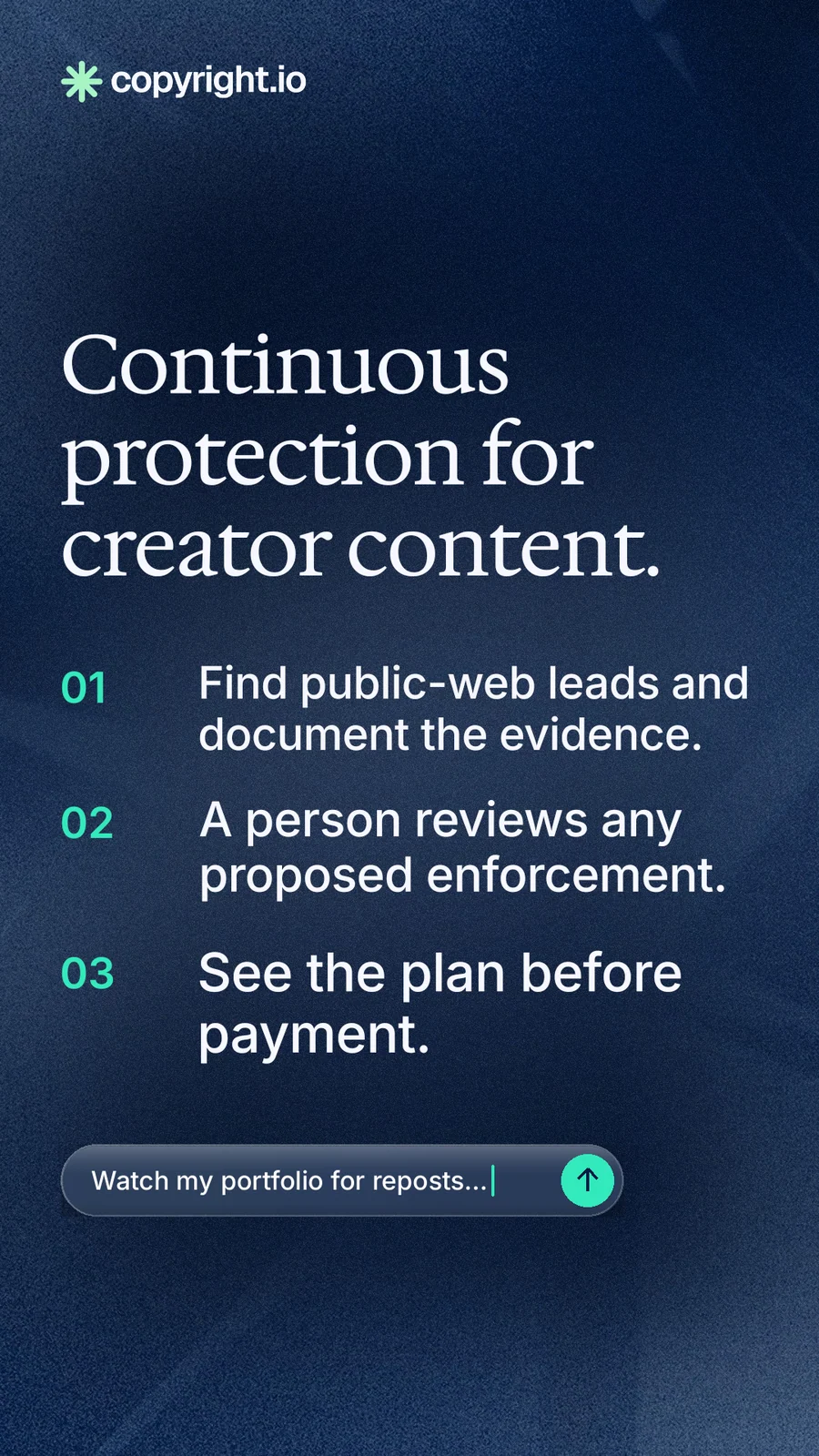 Instagram story for copyright.io: "Continuous protection for creator content." Agentic glass style, numbered layout, dark palette in blue, grey.