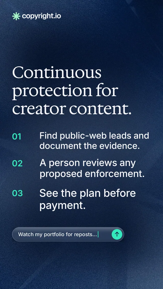 Instagram story for copyright.io: "Continuous protection for creator content." Agentic glass style, numbered layout, dark palette in blue, grey.
