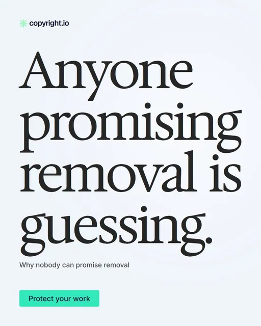 Video for copyright.io: "Anyone promising removal is guessing.". Doc motion loop, 6.0 s, light palette.