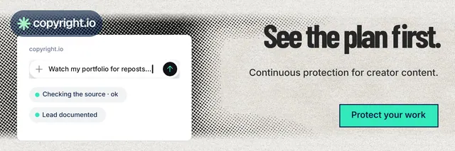 X header for copyright.io: "See the plan first." Ink sticker style, right layout, light palette in green, grey, white.