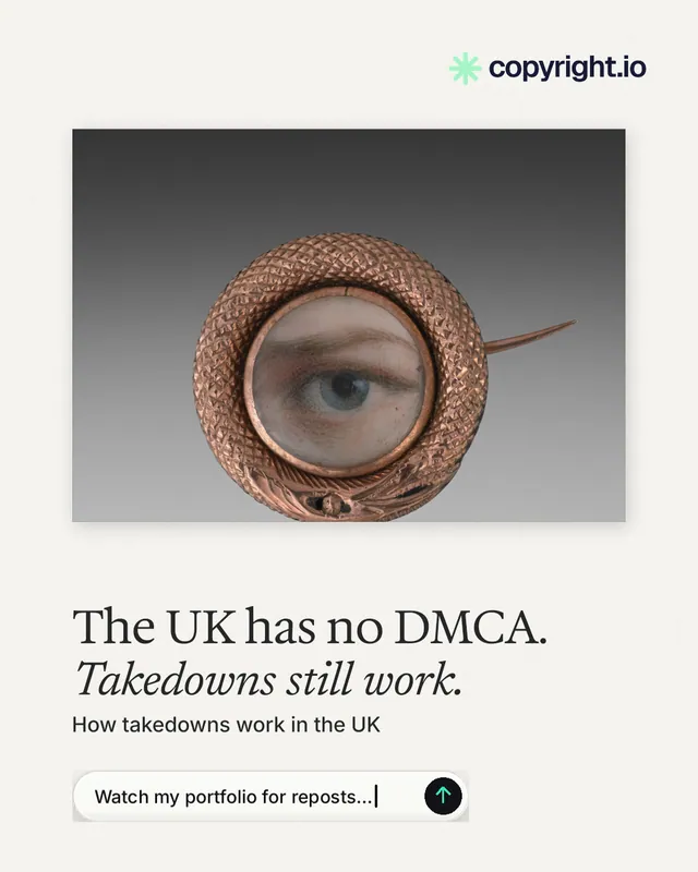 Instagram portrait post for copyright.io: "The UK has no DMCA. Takedowns still work." Agentic glass style, bottom layout, light palette in white, grey.