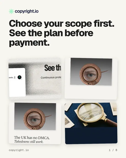 Carousel for copyright.io: "Choose your scope first. See the plan before payment.". Collection carousel, 8 slides, light palette.