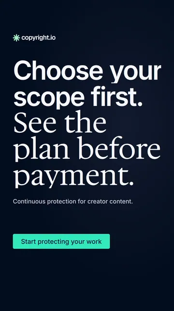 Video for copyright.io: "Choose your scope first. See the plan before payment.". Doc motion loop, 7.0 s, dark palette.