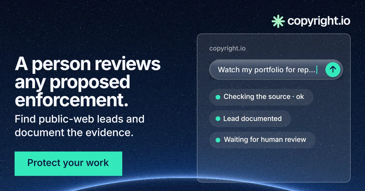 Social ad for copyright.io: "A person reviews any proposed enforcement." Swiss style, bottom layout, dark palette in black, blue, teal.