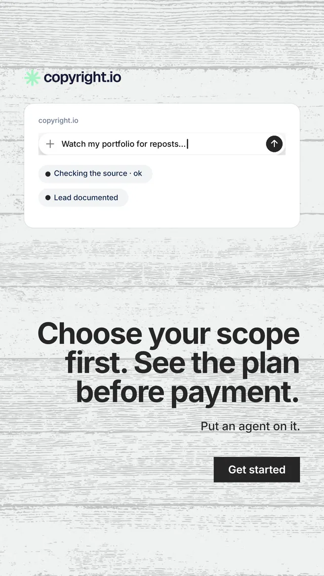 Instagram story for copyright.io: "Choose your scope first. See the plan before payment." Swiss style, right layout, light palette in white, grey.