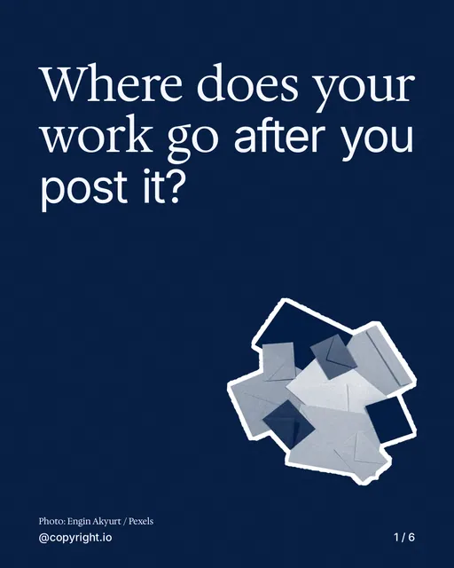 Carousel for copyright.io: "Where does your work go after you post it?". Cutout essay, 6 slides, dark palette.