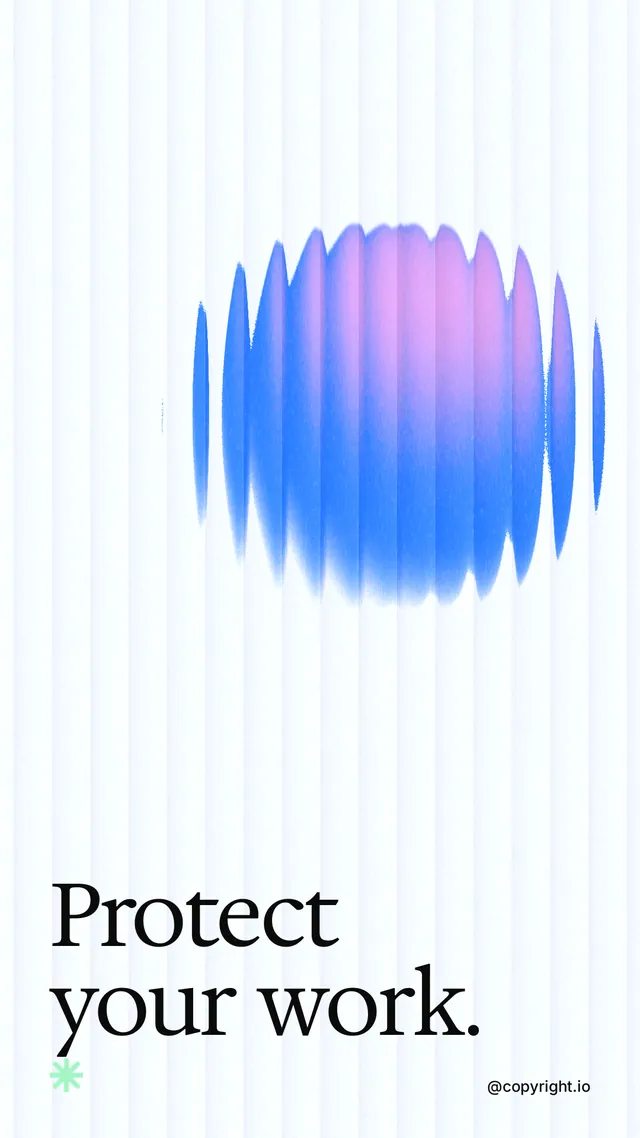 Instagram story for copyright.io: "Protect your work." Auto 9x16 style, technique:shader field layout, light palette in white, blue.