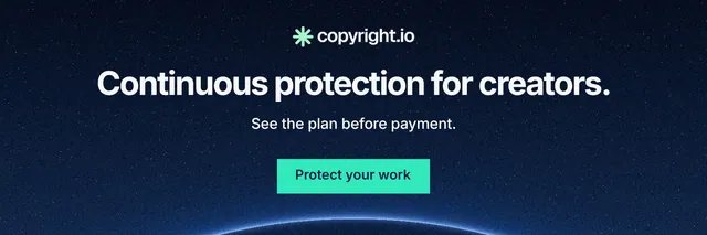 X header for copyright.io: "Continuous protection for creators." Swiss style, centred layout, dark palette in blue, black.