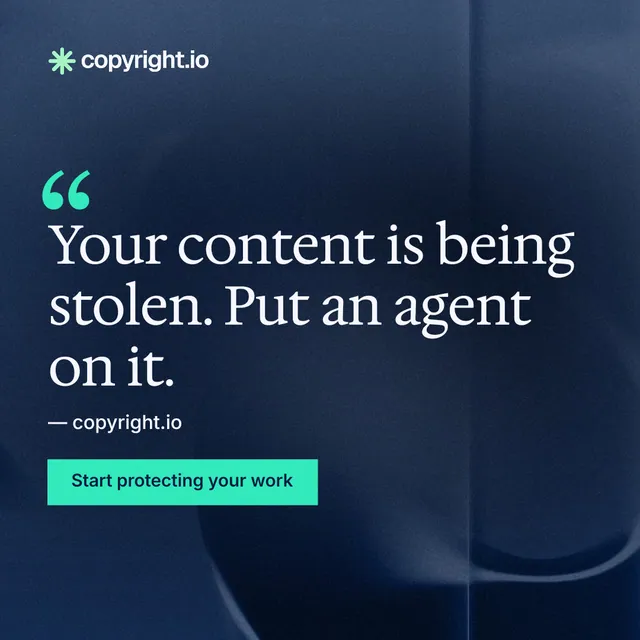 Instagram post for copyright.io: "Your content is being stolen. Put an agent on it." Swiss style, quote layout, dark palette in blue, black.