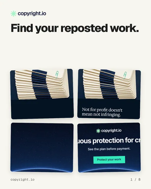 Carousel for copyright.io: "Find your reposted work.". Collection carousel, 8 slides, light palette.