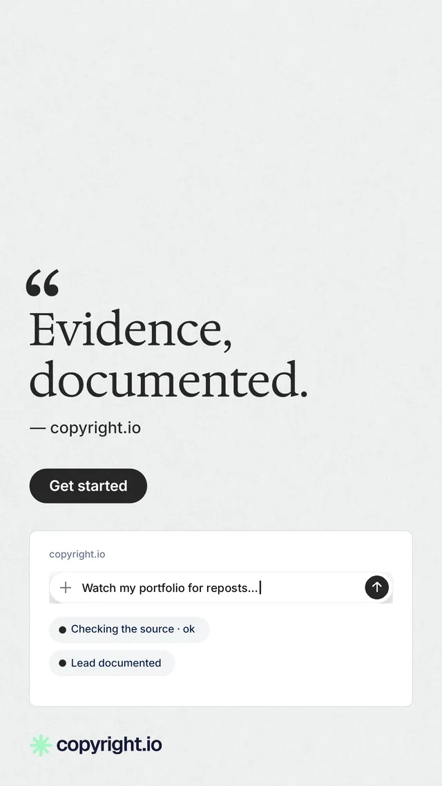 Instagram story for copyright.io: "Evidence, documented." Data card style, quote layout, light palette in white, grey.