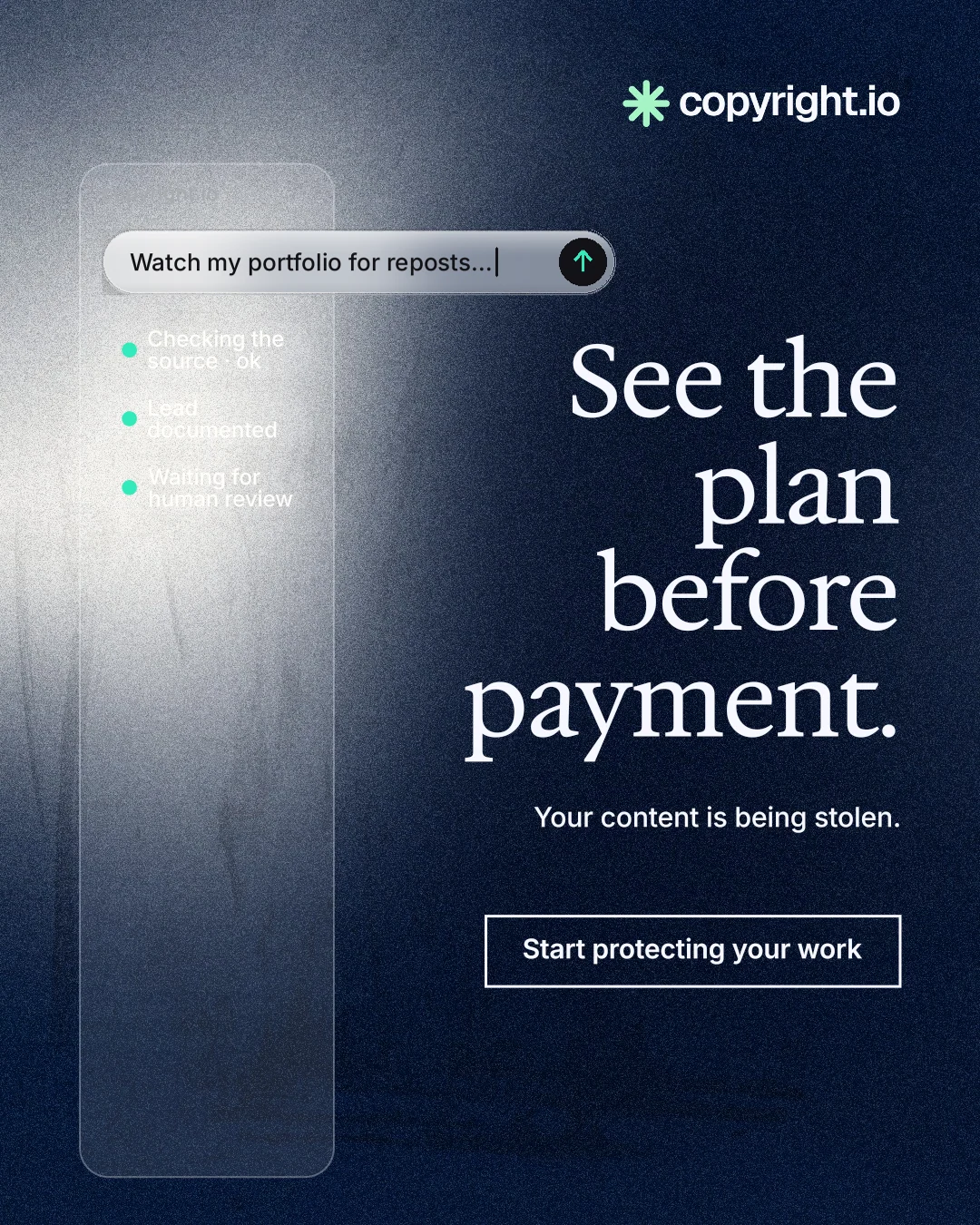 Instagram portrait post for copyright.io: "See the plan before payment." Cyanotype style, right layout, dark palette in grey, blue, black.