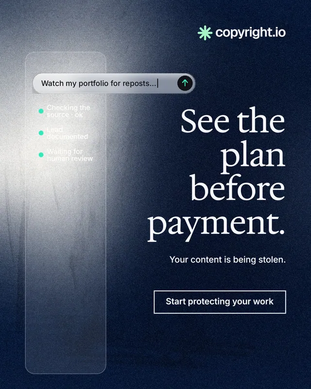 Instagram portrait post for copyright.io: "See the plan before payment." Cyanotype style, right layout, dark palette in grey, blue, black.