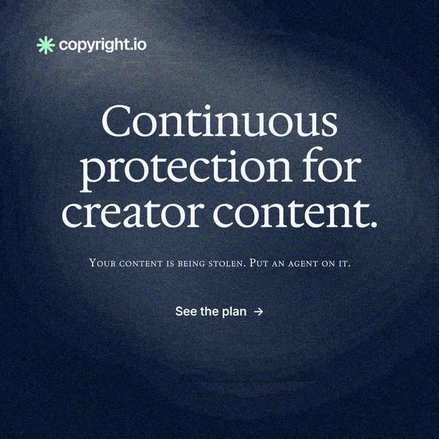 Instagram post for copyright.io: "Continuous protection for creator content." Cyanotype style, smallcaps layout, dark palette in blue, black, grey.