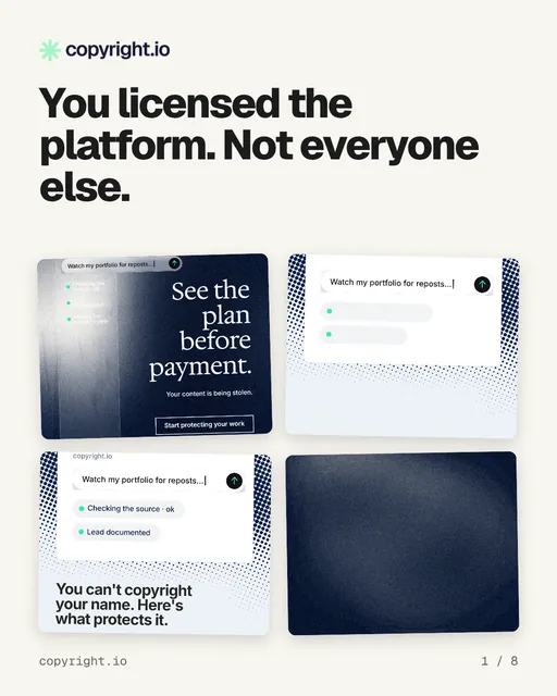 Carousel for copyright.io: "You licensed the platform. Not everyone else.". Collection carousel, 8 slides, light palette.