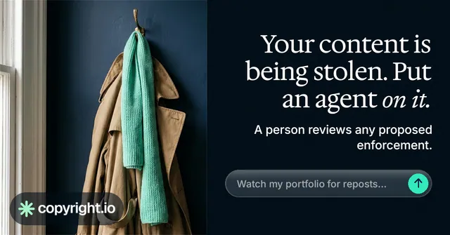 Social ad for copyright.io: "Your content is being stolen. Put an agent on it." Agentic glass style, right layout, dark palette in black, grey.