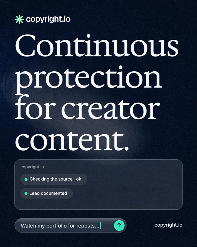 Instagram portrait post for copyright.io: "Continuous protection for creator content." Thermal style, poster layout, dark palette in black, blue, grey.