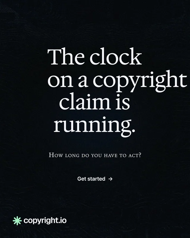 Instagram portrait post for copyright.io: "The clock on a copyright claim is running." Phosphor atlas style, smallcaps layout, dark palette in black, grey.