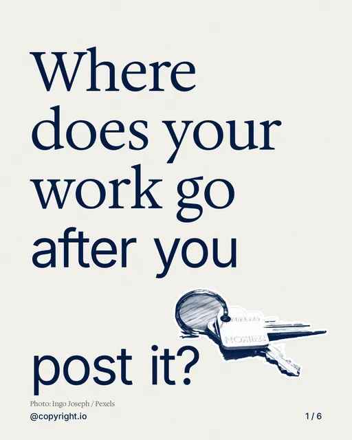 Carousel for copyright.io: "Where does your work go after you post it?". Cutout essay, 6 slides, light palette.