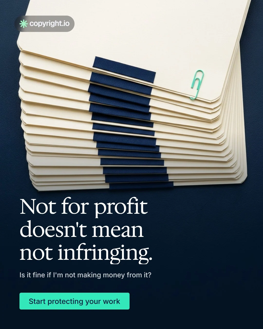 Video for copyright.io: "Not for profit doesn't mean not infringing.". Doc motion loop, 7.0 s, dark palette.