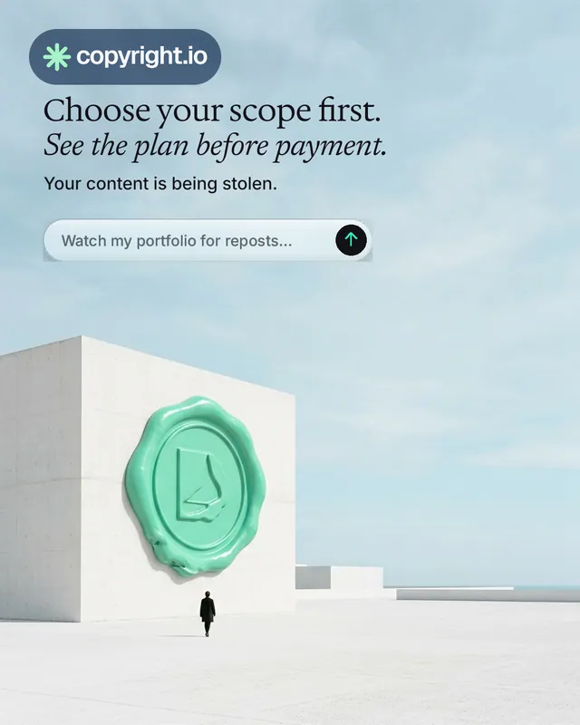 Instagram portrait post for copyright.io: "Choose your scope first. See the plan before payment." Agentic glass style, bottom layout, light palette in teal, white, grey.
