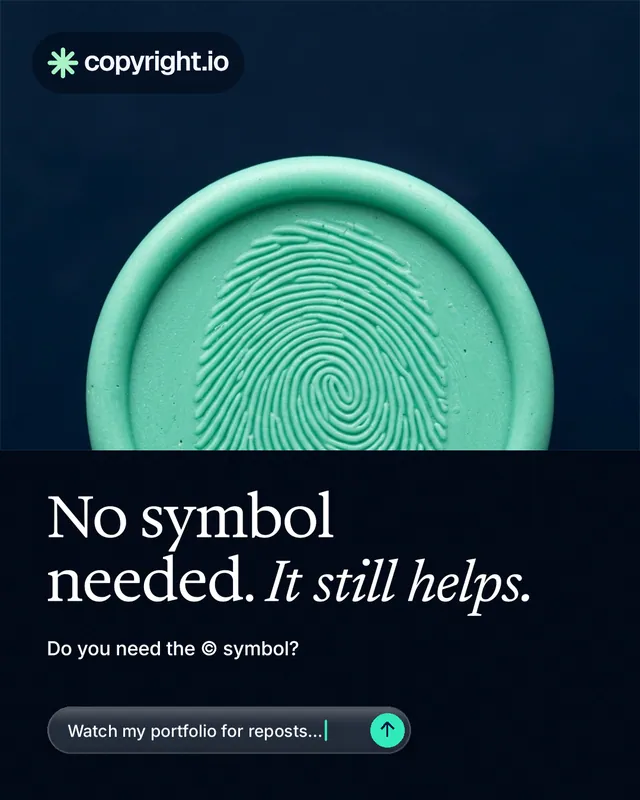 Instagram portrait post for copyright.io: "No symbol needed. It still helps." Agentic glass style, bottom layout, dark palette in black, teal, blue.