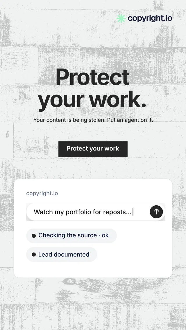 Instagram story for copyright.io: "Protect your work." Swiss style, centred layout, light palette in white, grey.