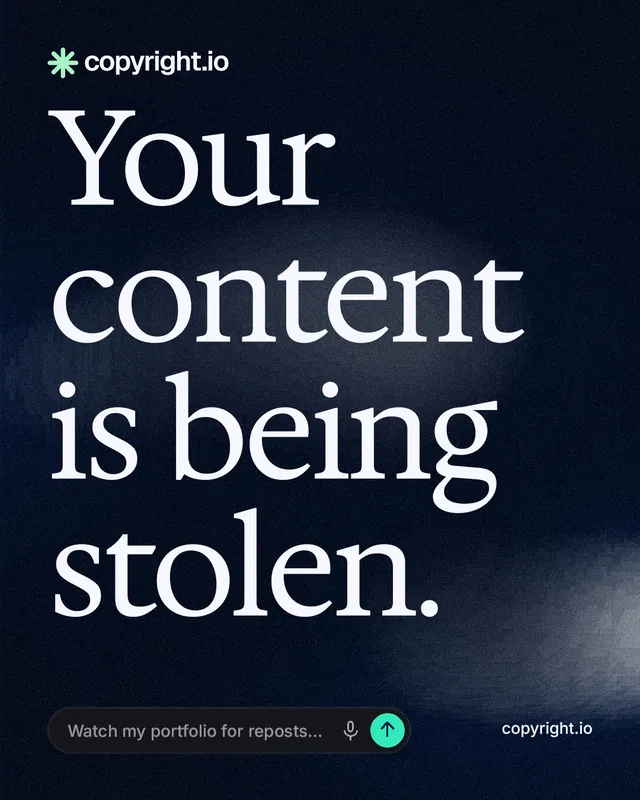 Instagram portrait post for copyright.io: "Your content is being stolen." Thermal style, poster layout, dark palette in black, blue, grey.
