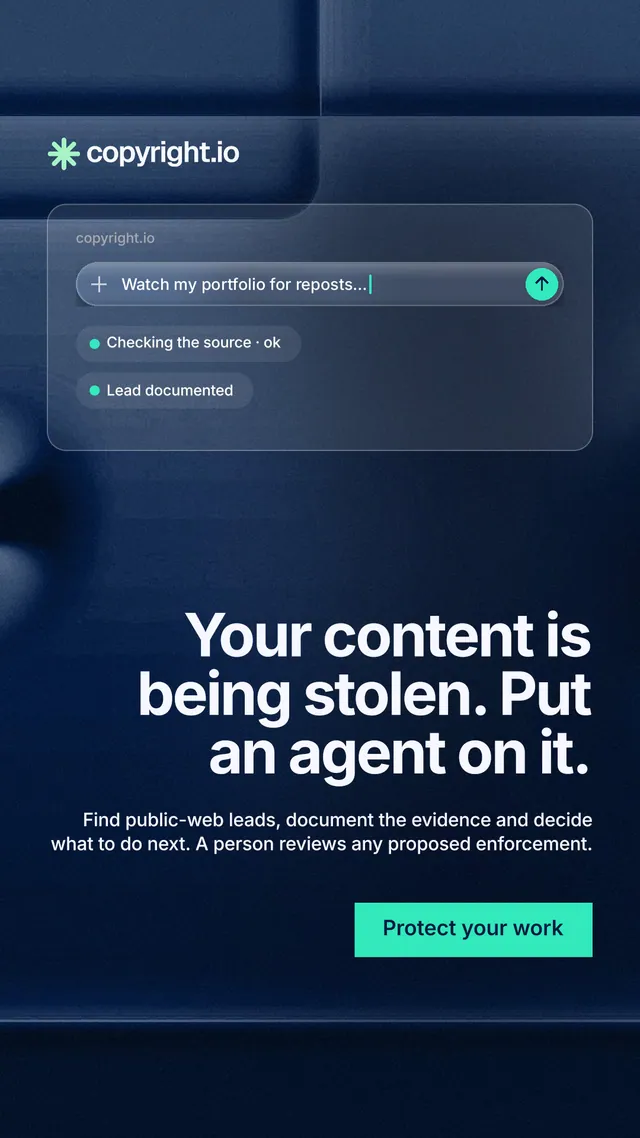Instagram story for copyright.io: "Your content is being stolen. Put an agent on it." Swiss style, right layout, dark palette in black, blue.