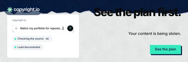 X header for copyright.io: "See the plan first." Paper trio style, right layout, light palette in teal, blue, white.