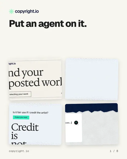 Carousel for copyright.io: "Put an agent on it.". Collection carousel, 8 slides, light palette.