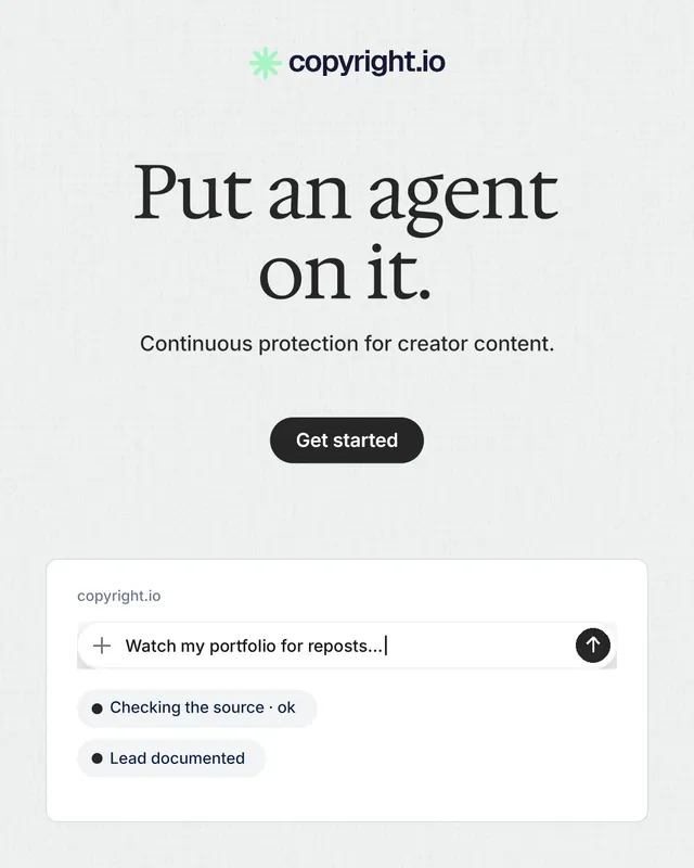 Instagram portrait post for copyright.io: "Put an agent on it." Data card style, centred layout, light palette in white, grey.