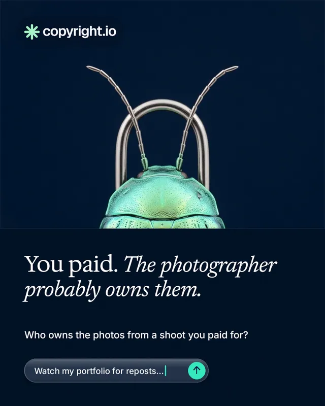 Instagram portrait post for copyright.io: "You paid. The photographer probably owns them." Agentic glass style, bottom layout, dark palette in black, blue.