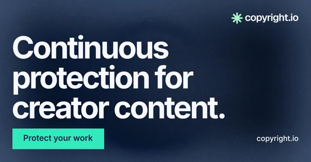 Social ad for copyright.io: "Continuous protection for creator content." Swiss style, poster layout, dark palette in blue, teal, grey.