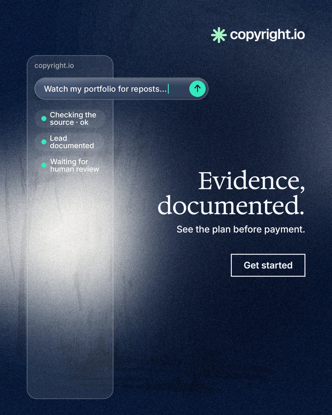 Instagram portrait post for copyright.io: "Evidence, documented." Cyanotype style, right layout, dark palette in black, blue, grey.