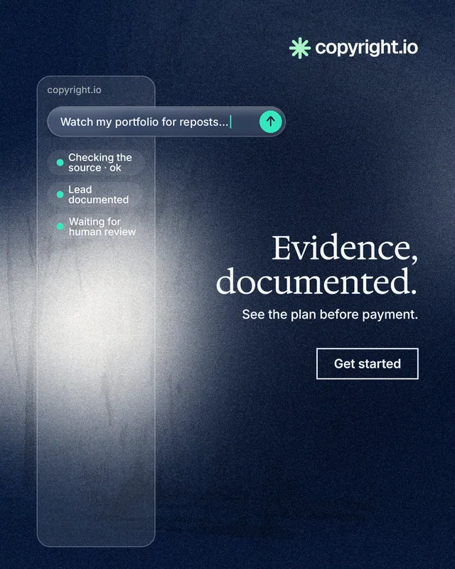 Instagram portrait post for copyright.io: "Evidence, documented." Cyanotype style, right layout, dark palette in black, blue, grey.