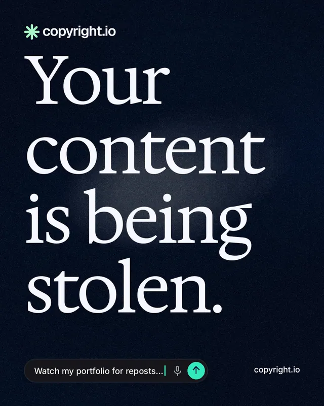 Instagram portrait post for copyright.io: "Your content is being stolen." Thermal style, poster layout, dark palette in black, grey.