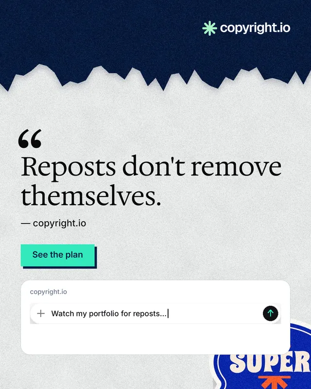 Instagram portrait post for copyright.io: "Reposts don't remove themselves." Paper trio style, quote layout, light palette in white, blue, grey.