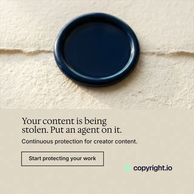 Instagram post for copyright.io: "Your content is being stolen. Put an agent on it." Editorial style, bottom layout, light palette in orange, yellow, grey.