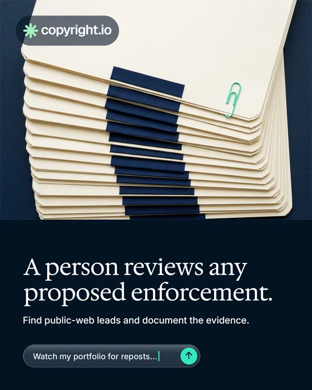 Instagram portrait post for copyright.io: "A person reviews any proposed enforcement." Agentic glass style, bottom layout, dark palette in yellow, black, blue.